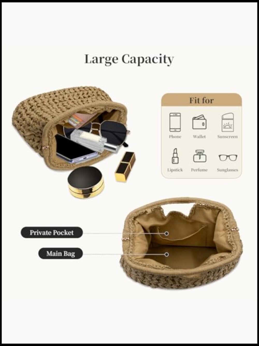Woven Straw Clutch Purse Summer Beach Dumpling Handbag Crossbody Shoulder Bag - Picture 5 of 7